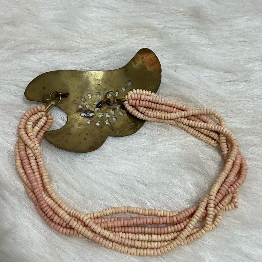 Vintage Artisan Coral Shell/Aged Brass Centerpiece Necklace --‎ OS